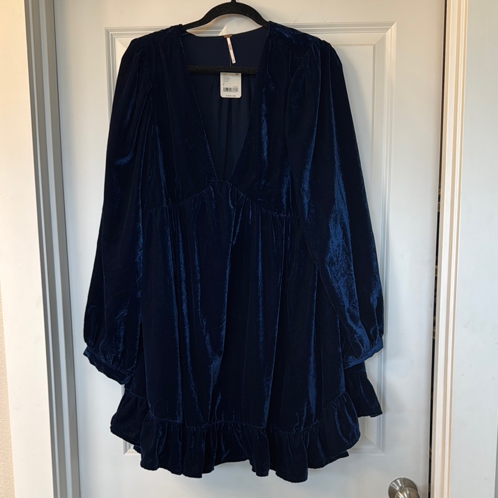 Free People Blue Velvet Long Sleeve Mini Dress